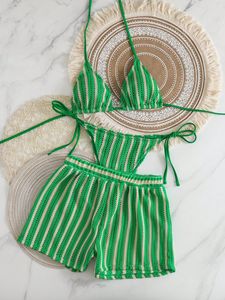 Ensemble trois pièces de maillot de bain sexy bohème pour femme, style boxer, en maille tricotée, chiffon et résille rayée, coupe fendue, pour le commerce transfrontalier - Product Image 4