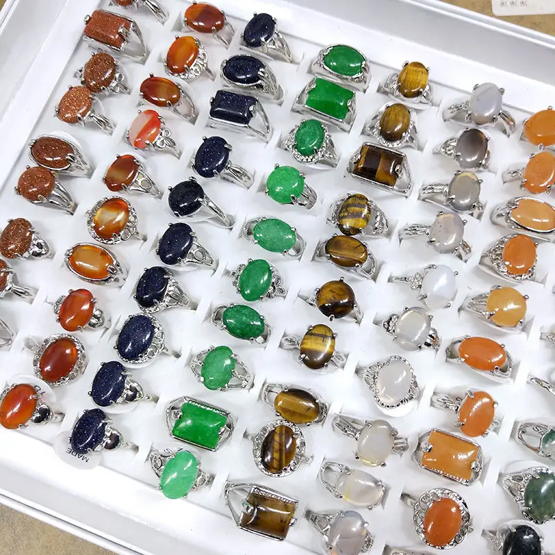 Mejor venta colorido cristal piedra preciosa ágata anillo para hombres mujeres joyería de moda mezcla lotes geométricos amatista Jade anillos de piedra Natural