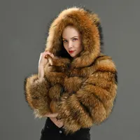 Sıcak satış rakun kürk kış ceket kısa tarzı lüks büyük kürk kapşonlu kadın kürk kırpılmış ceket