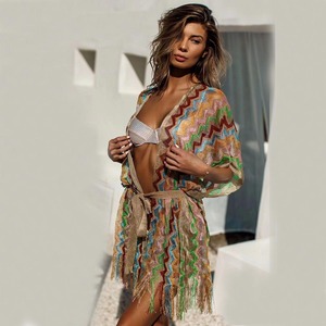 Copricostume da Spiaggia Trasparente Lungo Kimono Aperto da Donna con Nappe e Laccetti, Sarong Estivo Parasole Traspirante - Product Image 1