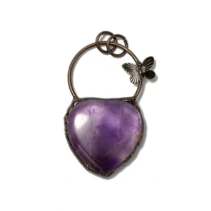 Vintage Bronze Love Heart Pendant Necklace Retro Style Soldered Abalone Amethyst Stone Pendant with Butterfly Jewelry