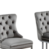 Ensemble de 2 chaises de bar modernes en velours gris, dossier capitonné, garniture à rivets, base en métal chromé