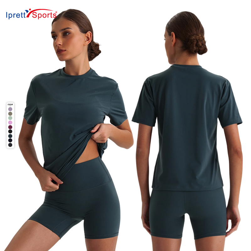 Women Plus Size Breathable Lightweight Yoga Sport Top with Spandex Short Sleeve Exercise Clothes Solid Color for Outdoor Fitness