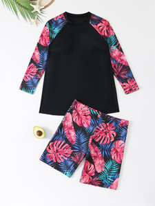 3Colors Print Plus Size <strong>Swimsuit</strong> Long Sleeve Shirt Top and <strong>Boyleg</strong> Short Set <strong>Lady</strong> Two Pieces Swimwear XL-4XL - Product Image 2