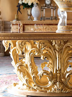 Cour française de luxe haut de gamme longue table à manger peinte à la main feuille d'or personnalisé sculpture sur bois massif ensemble de meubles de salle à manger