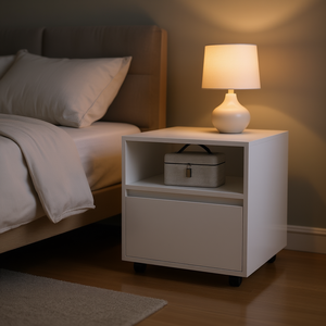 Comodino Austin Bianco con Cassetto Singolo e Rotelle, Arredamento Moderno Minimalista per Camera da Letto, Piano in Legno MDF - Product Image 2