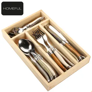 Hot selling 24 pcs laguiole flatware set knife, fork and spoon with assorted color ABS handle in pine wood tray