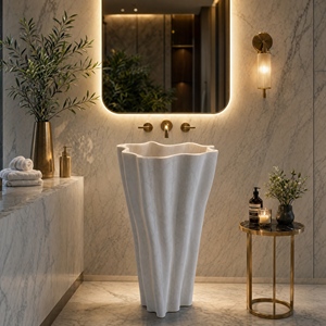 Poulars Wholesale Luxury <b>freestanding</b> Natural Stone Man Made Pedestal Hand Washing Sink white Marble Stone Basin - Product Image 5