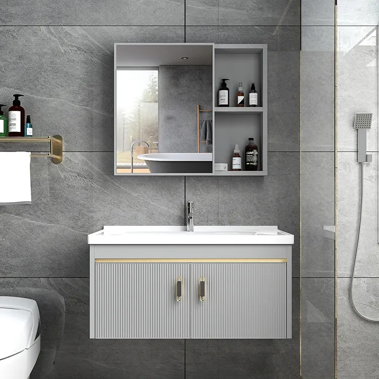 Nueva combinación de gabinete de lavabo de baño, gabinete de espejo de baño de fibra de carbono gris para casa pequeña
