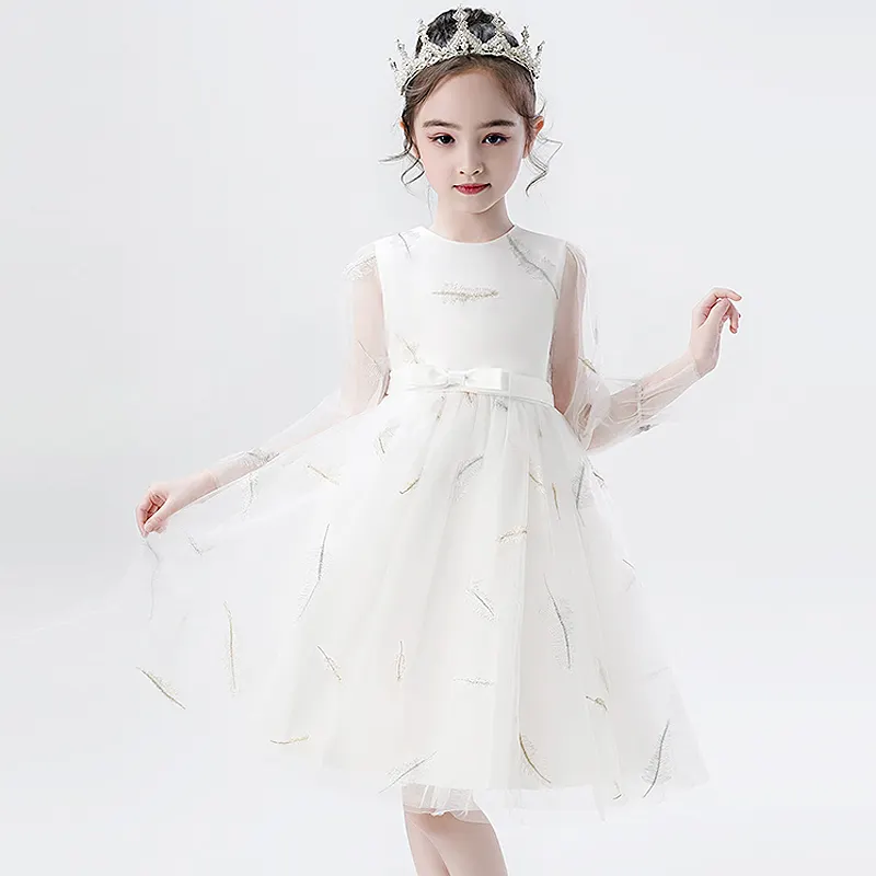 Elegante Weiße Tüll mädchen Hochzeit Kleid Knöchel Länge Appliques Kinder Party Prom Kleid Langarm Erstkommunion Kleider