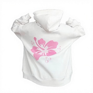 Custom Oversized <b>White</b> <b>Hoodie</b> <b>Women</b> Heavyweight Fleece Pullover with Pink Terry Chenille Flower Embroidery Back Design - Product Image 3