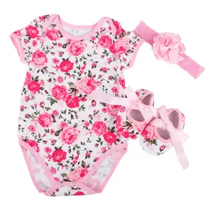 Set Romper OEM/ODM. New Born Clothes Set Custom Baby Girl Romper+ Headband + Shoes Summer Baby Bamboo Rompers Premature Baby Clothes