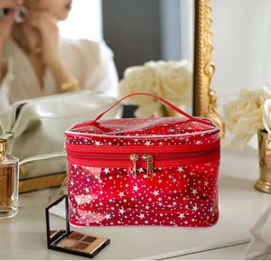 White Star Print PVC Makeup <b>Bag</b> with Handle - 8.66 * 5.51 * 5.51 Inch,<b>Clear</b> Storage <b>Bag</b> <b>Toiletry</b> Pocket Portable Zippered Pouch - Product Image 4
