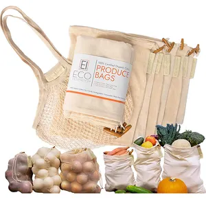 Reusable Grocery Mesh Bags Organic Cotton String Shopping Bags Produce Net Bags with Long Handle for Fruit Vegetable Storage