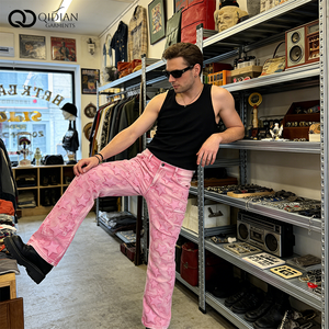 <span class=keywords><strong>Jeans</strong></span> de Mezclilla Rosa Vintage para Hombre, Personalizados OEM, con Estampado de Estrella 3D, Corte Relajado, Estilo Urbano, Desgastados, Corte <span class=keywords><strong>Bootcut</strong></span> - Product Image 2