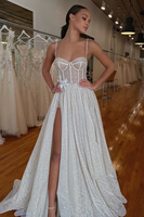 Mily Bridal MHL203 Une ligne bretelles spaghetti dentelle appliques fente latérale paillettes robe de mariée scintillante