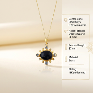 Black Onyx Oval Pendant <b>with</b> Opalite Quartz Accents Bezel Setting Trendy Wedding Statement Necklace 18K Gold Plated Jewelry - Product Image 2