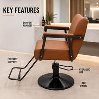 Fauteuil de Salon Hydraulique XFMC en Gros, Chaise de Barbier en Cuir Marron, Chaise de Coiffure avec Cadre en Acier Inoxydable Noir pour Salon de Beauté