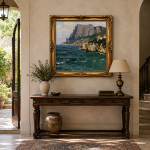 Dipinto a Olio di Scena Costiera con <span class=keywords><strong>Scogliera</strong></span>, Cornice Dorata Vintage, Paesaggio Mediterraneo su Tela, Dipinto a Mano, Dimensioni Personalizzabili per <span class=keywords><strong>Hotel</strong></span> - Product Image 2