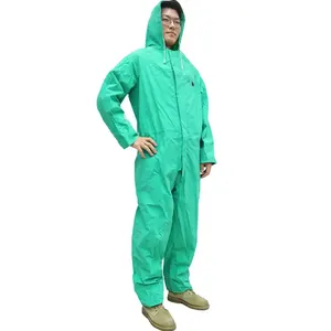 Green custom logo pvc polyester pvc one piece raincoat heavy duty flame retardant oil chemical resistant coverall rain coat