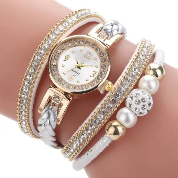 Bohemian Ethnic Luxury Girl Fashion Weave Wrap Leather Bracelet Watch Diamond Pearl Waterproof Wrist Watches