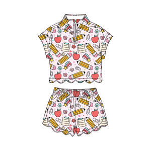 Conjunto de ropa infantil GSSO3580 personalizado Little Active Girl, estampado a cuadros en blanco y negro, con cremallera, manga corta y cuello festoneado, venta al por mayor. - Product Image 5