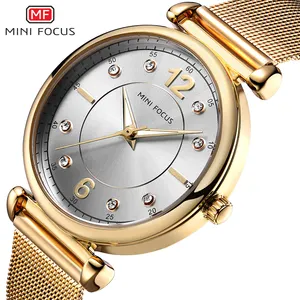MINI FOCUS MF0177L Wholesale Luxury Royal Golden Women Watch Mesh Strap Quartz Ultra Thin Simple Design Excel Ladies Wristwatch
