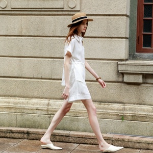 Camicetta da <span class=keywords><strong>donna</strong></span> bianca in cotone e lino a maniche corte con coulisse in vita, ricamo e tasche, camicia casual estiva - Product Image 3