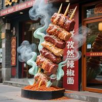 Géant avec brochettes en bois Brochettes de viande grillée surdimensionnées Façades de boutiques de barbecue durables Sculpture de signalisation de restaurant
