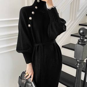 2026 Autumn Winter Women's Casual <b>Knitted</b> Dress With Waist <b>Belt</b> Long Knit Turtleneck Dress - Product Image 4