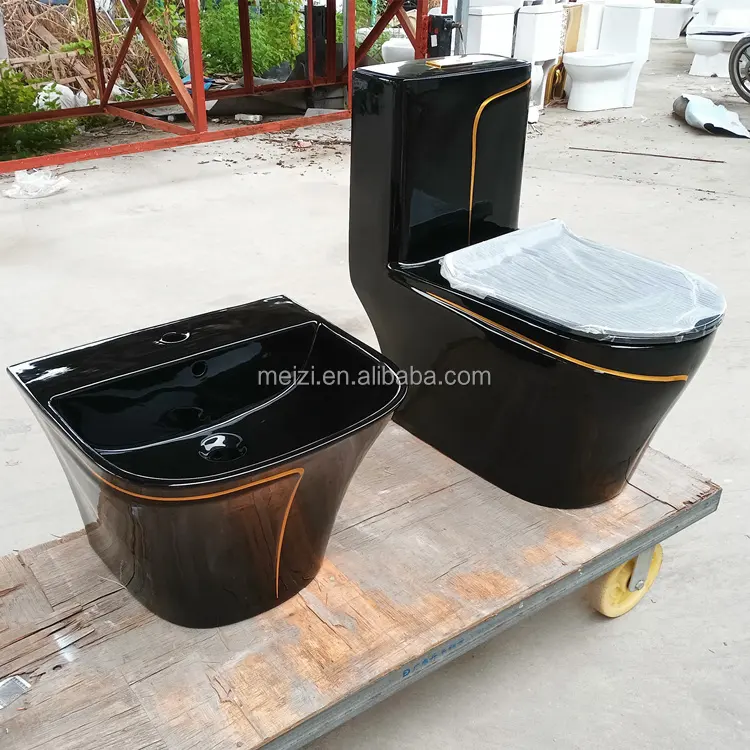 आधुनिक सिरेमिक फ्लशिंग एस-ट्रैप काला रंग एक टुकड़ा शौचालय कटोरे और सिंक सेट
