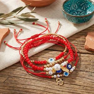 مجموعة أساور Go2boho الأنيقة المرصعة بالخرز مع كريستال أحمر ولؤلؤ وسلسلة مطلية بالذهب، إكسسوارات مجوهرات تركية للحظ السعيد قابلة للتكديس - Product Image 2