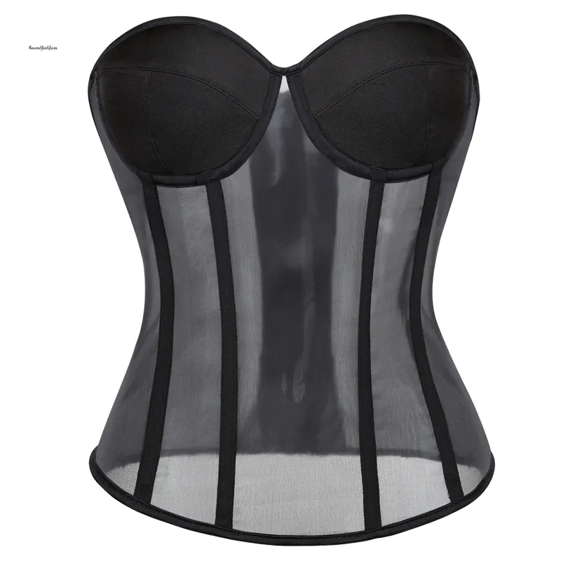 Femmes mince Sexy Transparent Corset Overbust Bustier Poisson Os Taille Minceur Cincher Ceinture Ceinture Crop Top Dentelle Sling Vest