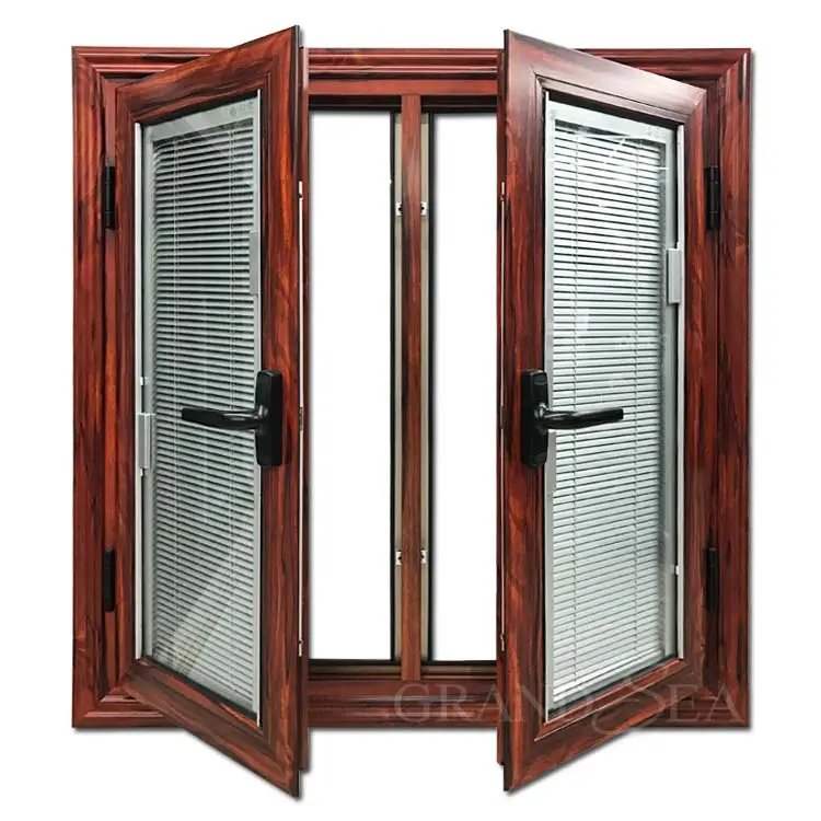 Dubai style hot-selling aluminum double tempered glass wood color casement window with louver/shutter inside