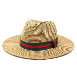 Green Red Striped Ribbon Decorative Paper Straw Fedora Hat for Women Men Summer Sun Shade