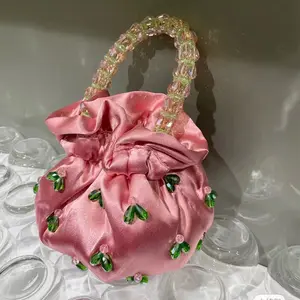 Crystal teardrop fabric purse beaded handmade bucket bag INS design hand sewn beads satin handbag