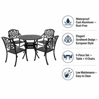 Ensemble de table à manger d'extérieur en aluminium moulé en 5 pièces avec quatre fauteuils ornés de sculptures pour jardin et terrasse