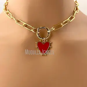 NM42682 Gold Paperclip Chain Necklace With Enamel Red Heart Pendant CZ Spring Clasp Charm Paperclip Chain