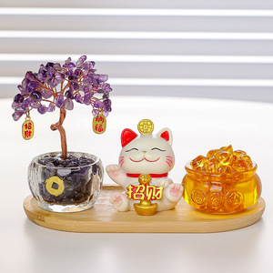 Ensemble cadeau de décoration pour la maison : Arbre à argent en cristal jaune et bassin au trésor, motif Chat porte-bonheur - Product Image 2