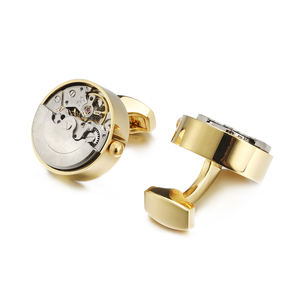 Mancuernillas Funcionales Personalizadas de Alta Calidad para Hombre, Mecanismo de Reloj Redondo Dorado, Mancuernillas con Engranajes, Venta al por Mayor - Product Image 3