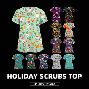 Women's Printed Christmas Woven Polyester <b>Scrubs</b> <b>Top</b> Short Sleeve Nursing Set with Elastic Shirt 2025 2026 Holiday Season - Product Image 2