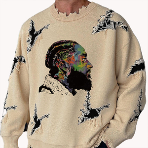 Pull à manches longues délavé pour homme, tricot rétro automne-hiver, motif personnalisable, pull streetwear personnalisé - Product Image 6