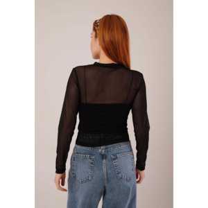 Blusa Básica de Tul Negro Transparente al por Mayor, con Logotipo Bordado, Estampado de Leopardo Disponible en Talla XL para Otoño, de Pana, Seda, Tejido de Punto - Product Image 1