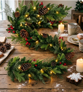 Guirlande <span class=keywords><strong>de</strong></span> Noël <span class=keywords><strong>de</strong></span> luxe en PVC+PE <span class=keywords><strong>de</strong></span> 2,7 m avec cônes <span class=keywords><strong>de</strong></span> pin et baies rouges, pré-éclairée avec lumières LED chaudes pour la décoration <span class=keywords><strong>de</strong></span> la maison et des magasins pendant les fêtes - Product Image 4