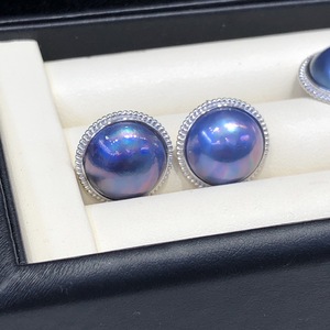 Pendientes de Perlas Mabe Azules Cielo Estrellado Japonesas, 13-14 mm, Redondos, Plata 925, Chapados en Rodio, Joyería Clásica para Mujer - Product Image 4