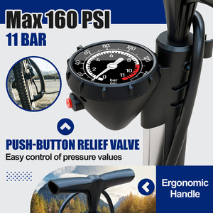 BOMO Bomba de Aire para Bicicleta de Alta Presión 160 PSI con Válvula de Alivio de Botón y Mango Ergonómico para Bicicletas de Montaña y Carretera - Product Image 5