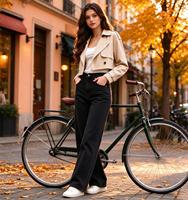Jean droit noir taille haute avec détails contrastants pour femme – Idéal pour les sorties automnales