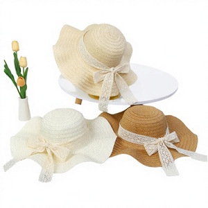 Women Adjustable Hand Embroidery Striped <b>Straw</b> Top <b>Hat</b> with Lace Ribbon Bow Wide Brim Sun <b>Hat</b> for Beach Travel Outdoor - Product Image 2