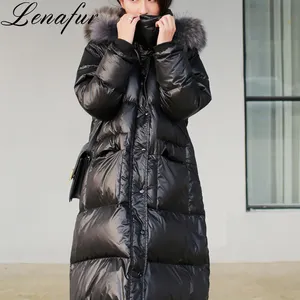 Оптовая продажа, зимняя женская куртка с длинной подкладкой из натурального Лисьего меха, модные пальто, парка, женский пуховик