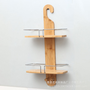 Estante de baño de madera para montar en la pared, estante de almacenamiento colgante de doble capa para artículos de tocador, color bambú, duradero - Product Image 1